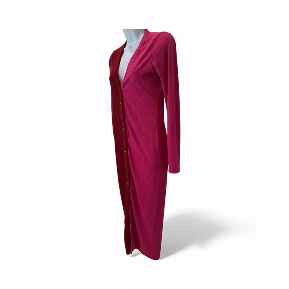 Renee C. Long Sleeve Red & Pink color block cardigan midi Dress - Picture 3 of 5